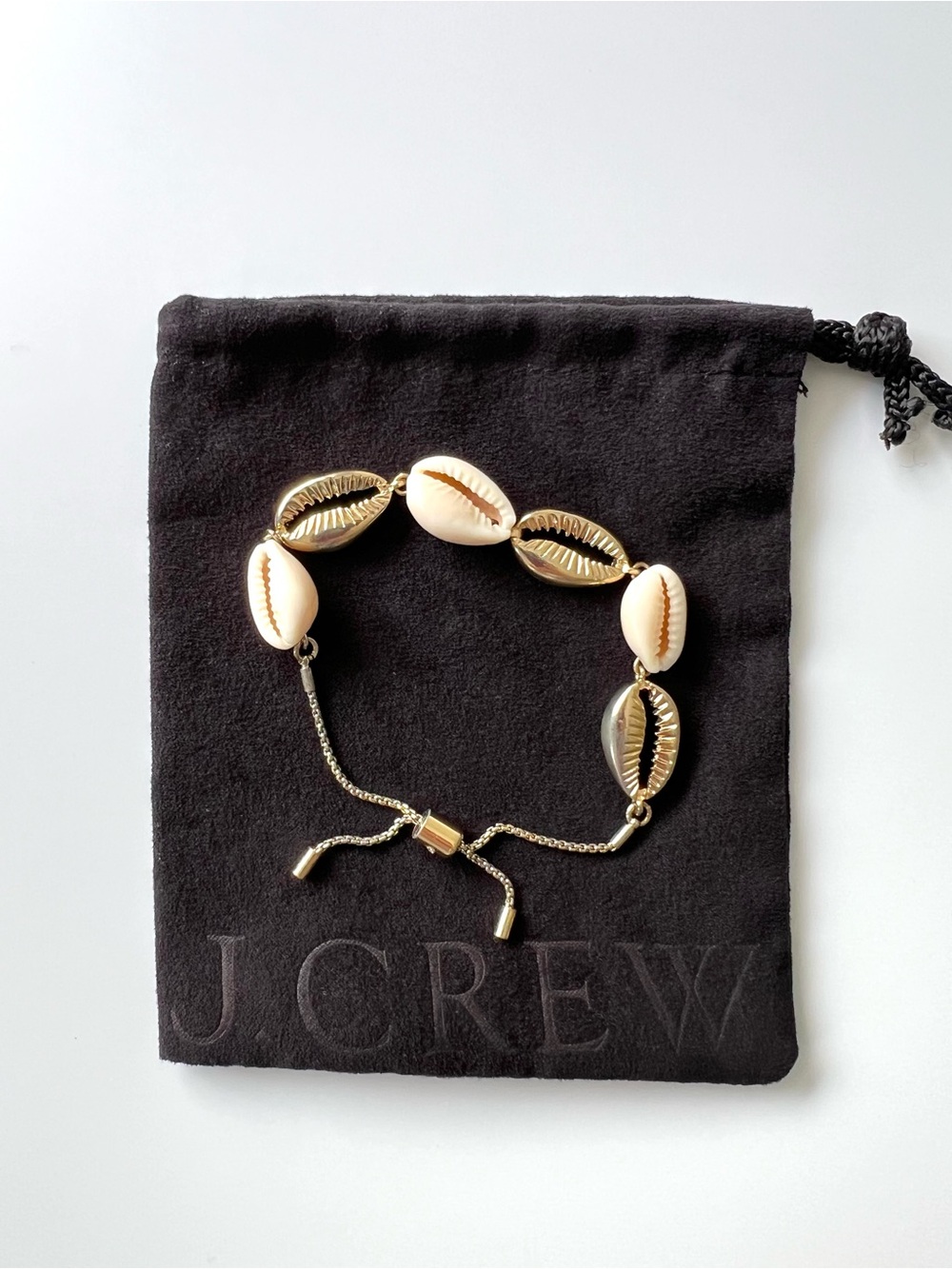 J. Crew Gold and Cream Cowrie Shell Slider Bracelet w/Pouch Adjust. Length to 7"